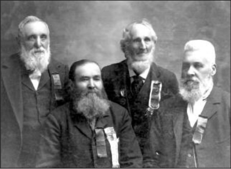 Golden Jubilee Celebration, 1890 left to right:: Henry Bigler, William Johnston, Azariah Smith, James Brown Credit: California State Library